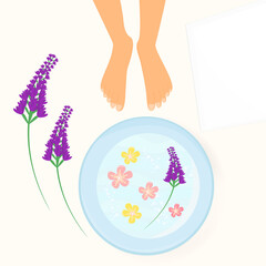 Obraz na płótnie Canvas spa or foot bath with lavender. The human bare foot is being prepared to take relaxing treatments .Vector flat illustration