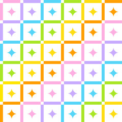 Star Shine Shiny Sparkle Sparkling Glitter Square Tilt Rainbow Cute Pastel Scott Plaid Tartan Checkered Line Overlap Intersect Gingham Seamless Pattern Cartoon Vector Illustration Print Background