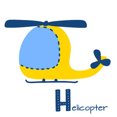 Yellow helicopter cartoon style with sign Helicopter. isolated on white background. Letter H learning. Vector illustration