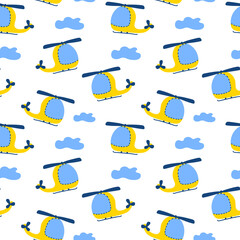 Childish seamless pattern with hand drawn Helicopters. Perfect for kids apparel,fabric, textile, nursery decoration,wrapping paper. Vector illustration