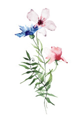 Watercolor bouquet with wild pink and blue flowers, branches, leaves, twigs. Hand drawn floral illustration