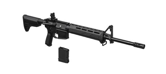 Modern automatic rifle. Weapons for police, special forces and the army. Automatic carbine with mechanical sights. Assault rifle on white back. Isolate on a white back.