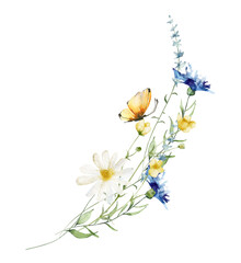 Watercolor painted floral bouquet on white background. Blue, yellow wild flowers, green branches, leaves, butterfly.