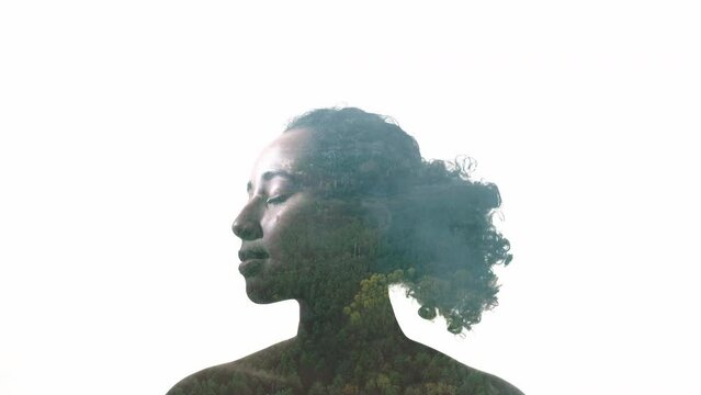 Nature therapy. Health vitality. Healing meditation. Double exposure profile silhouette of calm tranquil woman face with forest landscape clouds isolated on white empty space.