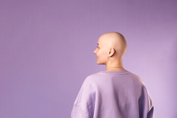 Young woman suffering from cancer laugh smile feel positive about future recovery. Millennial...