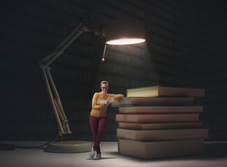Tiny woman reading books in a dark library