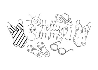 Lettering doodle. Hello summer. Text with flowers and leaves. Clothes and shoes for the beach. Swimwear, sunglasses and a hat. Vector illustration on a white isolated background.