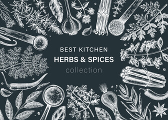 Hand drawn herbs and spices vector frame design. Hand-sketched food illustration on chalkboard. Vintage aromatic plants hand-drawing. Kitchen herbs and spice frame template in sketched style.