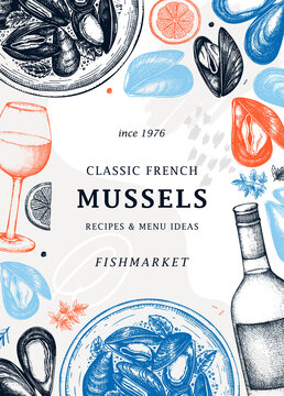 Hand-drawn mussels trendy menu template. Hand sketched cooked sea food illustrations. Collage with shellfish hand-drawing. Mussles card or banner design in sketched style.