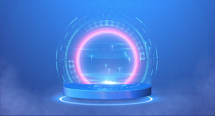 Hi-tech blue futuristic circle 3D stage with smoke. HUD hologram projector, podium. Blank Hologram for show your product. Circle technology portal. Vector illustration