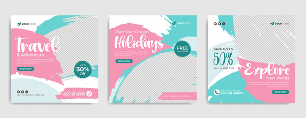 Travel sale social media post or web banner. Summer beach holiday promotion flyer with agency logo and icon. Traveling business marketing poster. Travelling banner with abstract digital background.