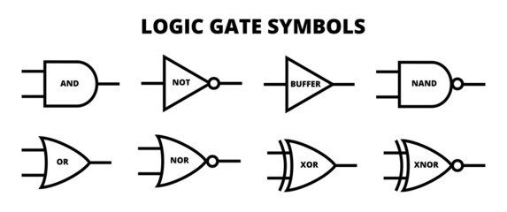 Vector set of logic gate symbols, symbols for logic gates. AND, NOT, Buffer, NAND, OR, NOR, XOR, XNOR. Line or outline black and white icons isolated on a white background. Digital logic gates. - obrazy, fototapety, plakaty