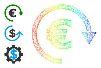 Rainbow gradient network Euro repay. Crossed carcass flat network geometric image based on Euro repay icon, created with crossed lines. Colorful network icon.