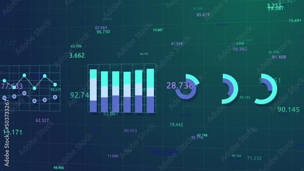 Poster animation of graphics, financial diagram and charts, futuristic cyberspace with numbers. elements of