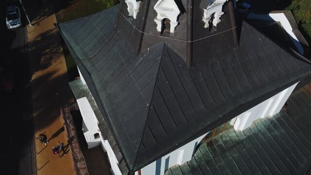 Kyiv, Ukraine - 7 October 2021: Aerial view of Church of St. Nikolay Dobryi and historical part of Kyiv - Podil, religious architecture in baroque style. Tourist place and attractions