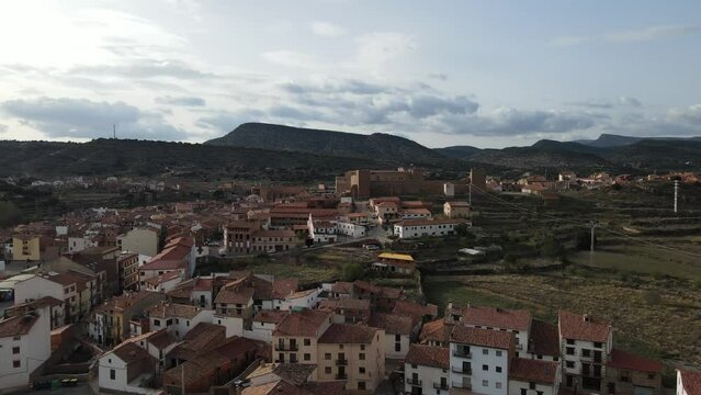 Aerial views from Mora de Rubielos, Teruel, Arag&oacute;n, Spain. Drone views from Mora de Rubielo's Town on the sunset.