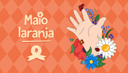Naklejka premium Illustrations with text dedicated to Children's Day. Children's hand with flowers on the background of an orange pattern. Suitable for banners, postcards, advertising. Maio laranja