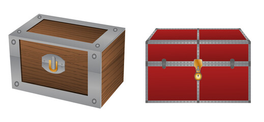 Realistic wooden gold chests. illustration of a various antique wooden chest. treasure box isolated on white background.
