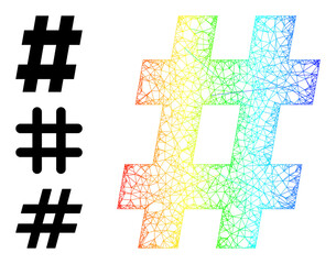 Obraz premium Spectral colorful net hashtag. Wire frame 2d net abstract symbol based on hashtag icon, is generated with intersected lines. Bright wire frame icon.