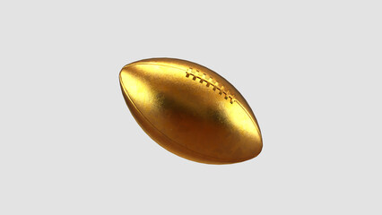 A golden football floats in the air. 3D rendering illustration. Rugby football with shiny gold leaf. Promote a sporting event or football game. © Vitamin V