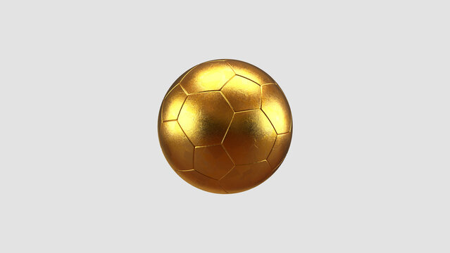 A golden soccer ball floats in the air. 3D rendering illustration. Soccer ball with shiny gold leaf. Promote a sporting event or soccer game.