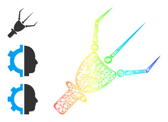 Spectrum colorful net mesh nanobot arm. Wire carcass 2d network abstract symbol based on nanobot arm icon, made with crossing lines. Colorful crossing mesh icon.