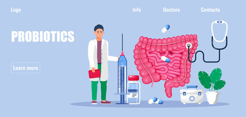 Gastroenterology concept vector. Large and small intestine doctors examine, treat dysbiosis. Gastroenterologist looks through at harmful bacteria.