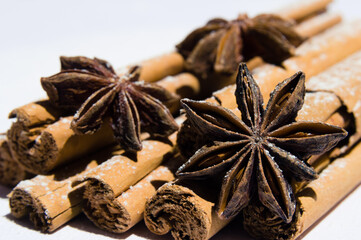 Dry cinnamon and star anise covered in icing sugar as snow