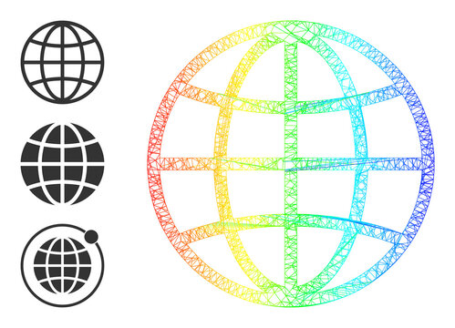 Rainbow colored network global sphere. Linear frame 2d network abstract image based on global sphere icon, made from crossed lines. Colored net icon.