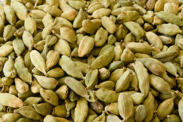 Closeup of a heap of dry green cardamons