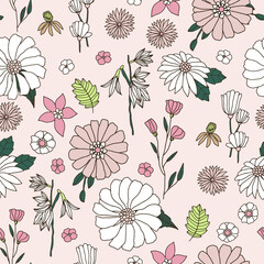 Floral seamless pattern in retro style. Hand drawn blossom vintage meadow texture. Great for fabric, textile, wallaper. Vector illustration