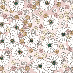 Floral seamless pattern in retro style. Hand drawn c chamomile blossom vintage texture. Great for fabric, textile, wallaper. Vector illustration