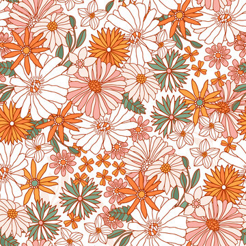 Floral seamless pattern in retro style. Hand drawn blossom groovy vintage texture. Great for fabric, textile, wallpaper. Vector illustration