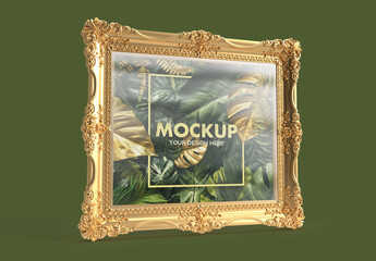 Simply Beautiful Gold and Ornamented Frame Mockup on a Green Background