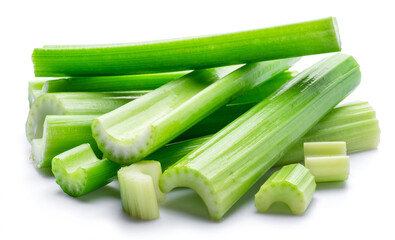 Pile of celery ribs isolated on white background.