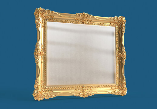 Simply Beautiful Gold and Ornamented Frame Mockup on a Blue Background