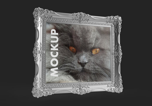 Simply Beautiful Silver and Ornamented Frame Mockup on a Dark Background