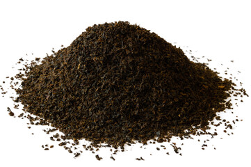 Small heap of Ceylon black BOP broken orange pekoe tea on white background