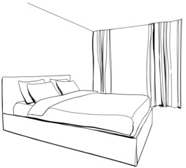 Bedroom modern interior sketch. Hand drawn furniture, home