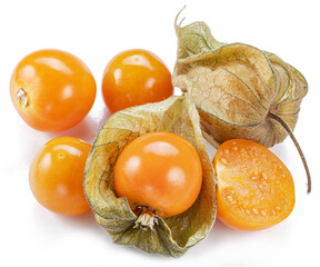 Ripe physalis or golden berry fruits in calyx isolated on white background.