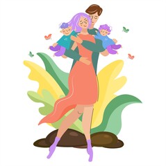 Happy family in colorful leaves and butterflies mother, son, daughter hugging. Father, mother and children with warmth and love, the concept of a happy family full of love. Isolated flat vector.