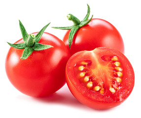 Ripe cherry tomatoes isolated on white background. Macro shot. Popular worldwide product as...