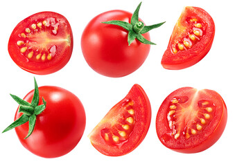 Set of cherry tomatoes and tomato slices isolated on white background. Macro shot. File contains clipping path for each item.