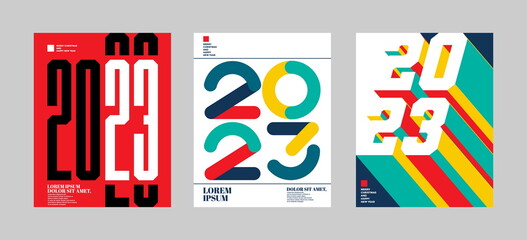 2023 Colorful set of Happy New Year posters. Abstract design with typography style. Vector logo 2023 for celebration and season decoration, backgrounds for branding, banner, cover, poster and more.