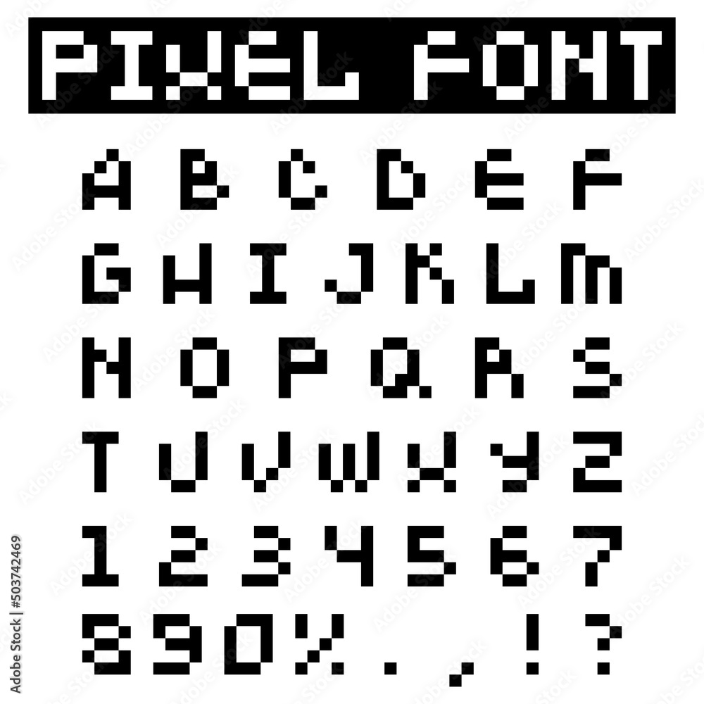 Fototapete pixel font. alphabet letters and number set. retro style typeface.