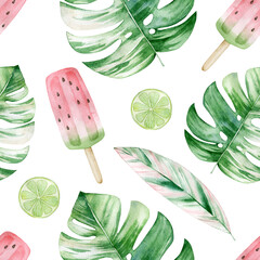 Watercolor seamless pattern with monstera leaves, ice cream watermelon, lime. Isolated on white background. Hand drawn clipart. Perfect for card, fabric, tags, invitation, printing, wrapping.