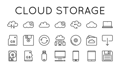 Fototapeta na wymiar Cloud Storage Set Icons. Data, Transmission, Connection, Content, Passwords, Services, Information. Vector sign in simple style isolated on white background.