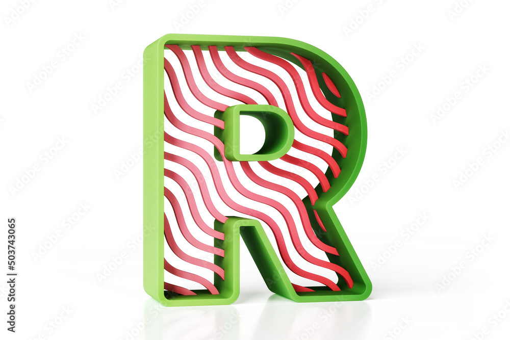 Poster green and red r letter in plastic material with wavy shapes. high resolution 3d rendering.