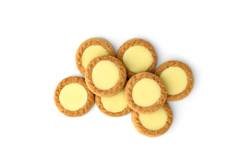 Round shortbread cookies with lemon filling isolated on white background.