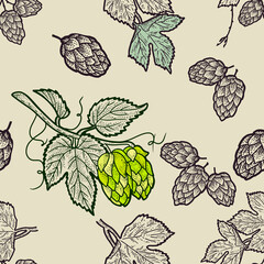 Craft beer seamless pattern. Malt and hop elements. Illustration in linocut style. In art nouveau style, vintage, old, retro style.